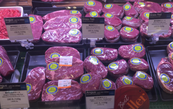 Aussie grass and grain fed beef in high-end Bangkok supermarkets.